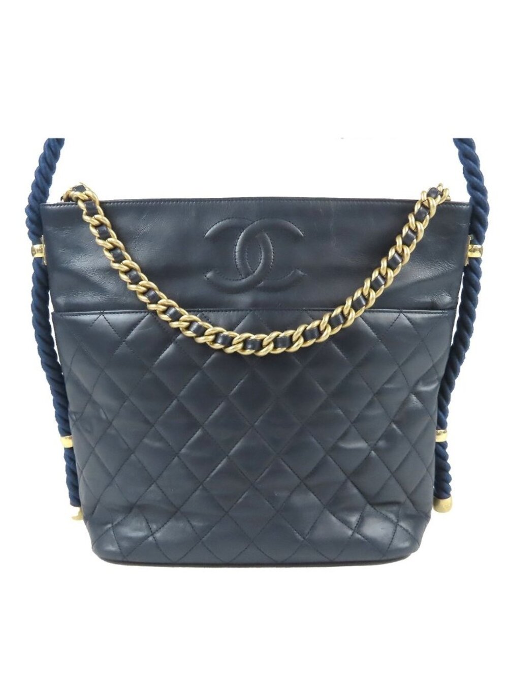 Chanel Quilted Rope Handle Navy Gold Leather 2-Way Tote Shoulder Bag